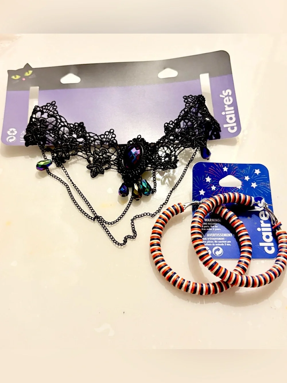 Claire's Black Lace Choker with Iridescent Bead Drops